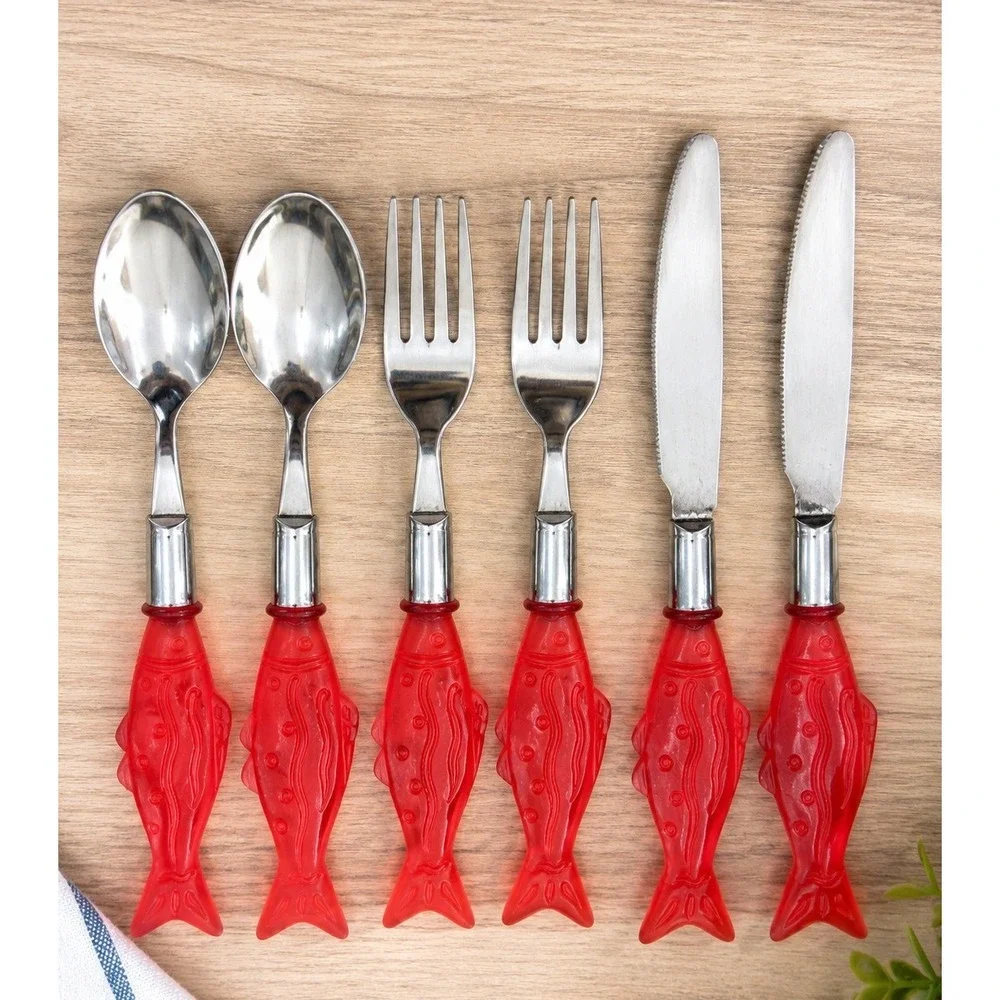 Vintage Fish Handle Flatware Set Red Plastic Stainless Taiwan 6 Pc Retro Coastal